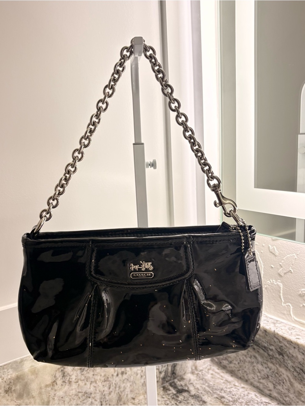 Coach Black Patent Leather Shoulder Bag with Silver Chain